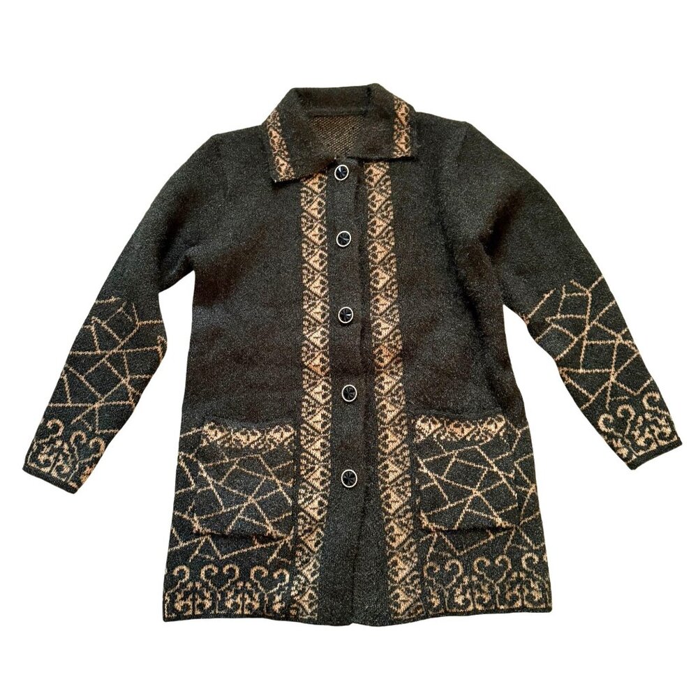 Long Sleeves Collared Geometric Button Front Cardigan Sweater Women Black Winter